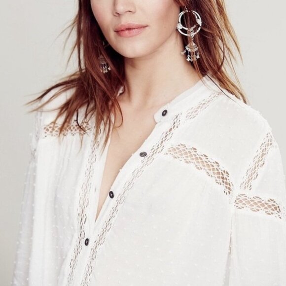 Free People sz S Swiss Dot Everyday Every Girl Lace Top Button Down Blouse Rayon - Picture 2 of 16